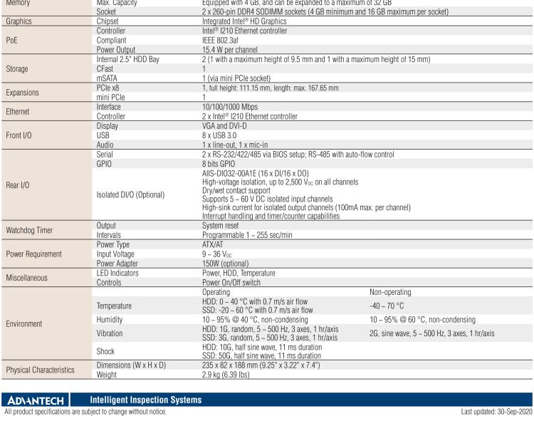 研華AIIS-5410P 無風(fēng)扇視覺系統(tǒng)，Intel Core? i 處理器，4通道 GigE PoE 相機(jī)界面和 PCIe 插槽