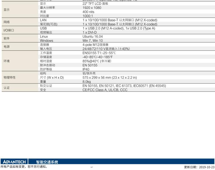 研華ITA-7220 滿足鐵路En50155認證標準，英特爾?賽揚?J1900 22英寸無風(fēng)扇鐵路平板電腦