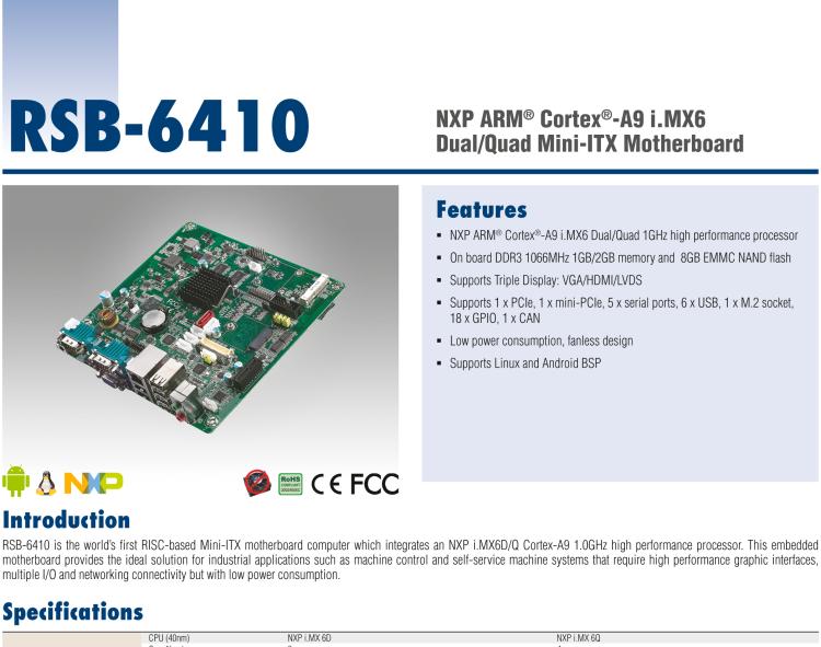 研華RSB-6410 基于NXP ARM Cortex-A9 i.MX6 Dual/Quad 的Mini-ITX工業(yè)主板， 支持Linux Yocto/Android