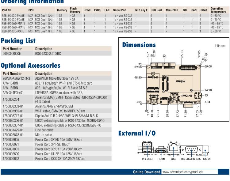 研華RSB-3430 基于NXP Arm Cortex-A9 i.MX6平臺,精簡功能的2.5寸緊湊型單板電腦。搭配UIO20/40可快速擴(kuò)展各種外設(shè)接口