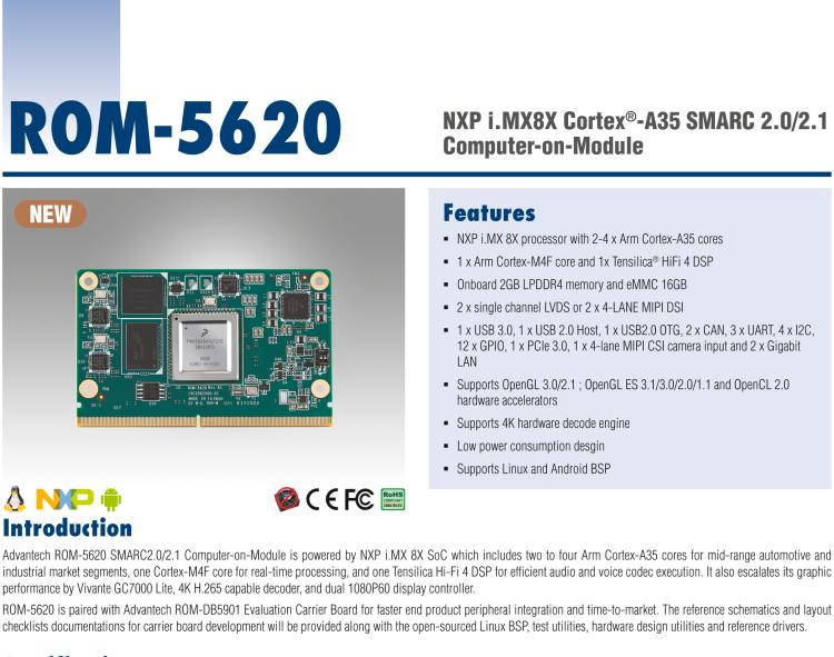 研華ROM-5620 基于NXP i.MX8X SMARC2.0 Arm核心板，多接口，低功耗設(shè)計(jì)