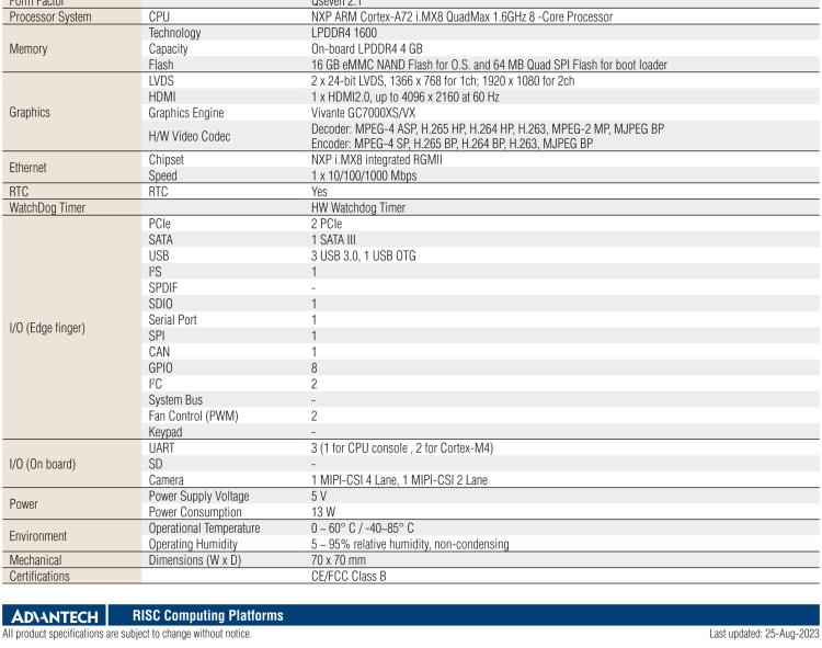 研華ROM-7720 基于NXP i.MX 8QM Qseven Arm核心模塊，多核異構(gòu)，具備優(yōu)異的計算及圖形顯示性能