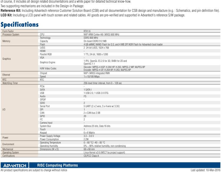 研華ROM-1210 基于NXP ARM Cortex?-A8 i.MX53 1GHz高性能處理器的RTX核心模塊，低功耗