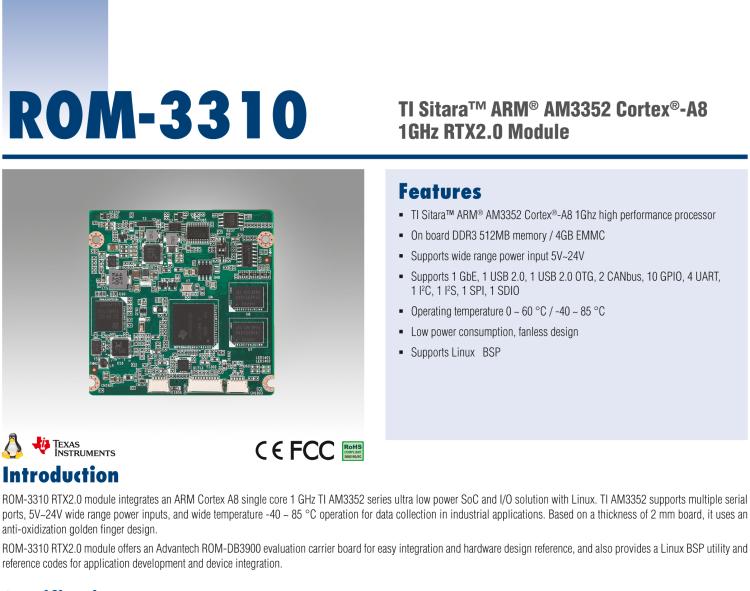 研華ROM-3310 基于TI AM3352 Cortex A8 1GHz RTX 2.0 的標(biāo)準(zhǔn)核心板，適用于寬溫抗震等工業(yè)自動化領(lǐng)域