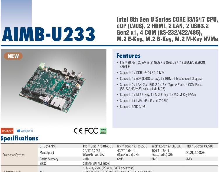 研華AIMB-U233 板載Intel 第8代 U系列 Core i3/i5/i7 處理器。低功耗高性能，無(wú)風(fēng)扇設(shè)計(jì)。