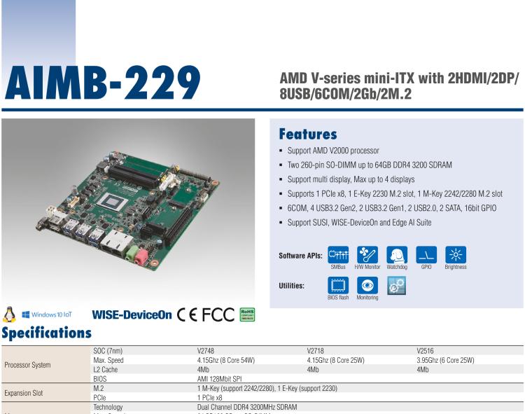 研華AIMB-229 板載AMD V2000系列8核/16線程CPU。視頻圖像處理性能強(qiáng)勁，接口豐富，超薄緊湊設(shè)計(jì)。