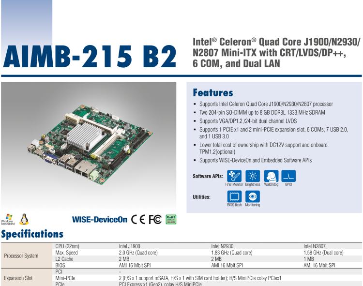研華AIMB-215 板載Intel? 第4代 賽揚(yáng)處理器。豐富的擴(kuò)展，無(wú)風(fēng)扇設(shè)計(jì)，支持寬溫寬壓。