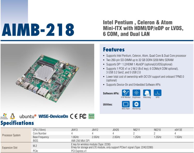 研華AIMB-218 板載Intel? 第8代 奔騰/賽揚(yáng)/凌動(dòng)系列處理器。支持獨(dú)立三顯，超薄緊湊，無風(fēng)扇設(shè)計(jì)，支持寬溫。