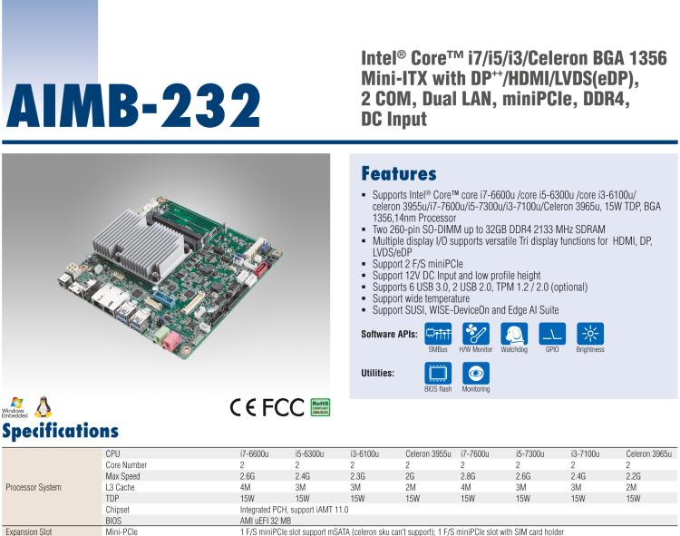 研華AIMB-232 板載Intel? 第6/7代 Core? i/賽揚 處理器。超薄設計，無風扇設計，支持寬溫。