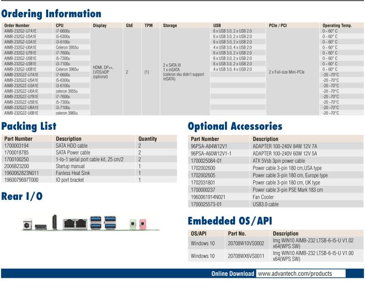 研華AIMB-232 板載Intel? 第6/7代 Core? i/賽揚 處理器。超薄設計，無風扇設計，支持寬溫。