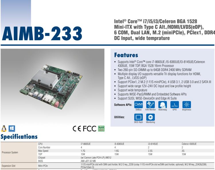 研華AIMB-233 板載Intel? 第8代 Core i 處理器。擁有Type C接口，滿足各類擴展需求。低功耗，超薄緊湊，無風(fēng)扇設(shè)計，支持寬溫寬壓，性能強勁。