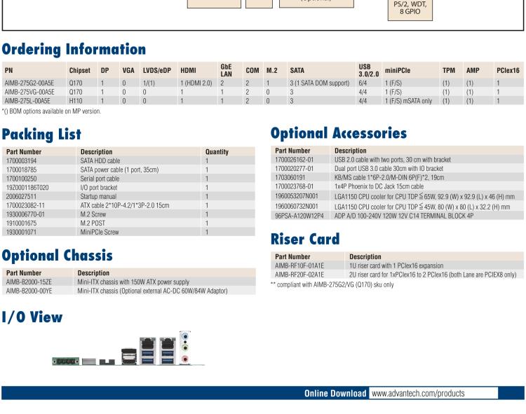研華AIMB-275 適配Intel? 第6/7代 Core? i 處理器，搭載Intel Q170/H110芯片組。性能強(qiáng)勁，接口豐富。