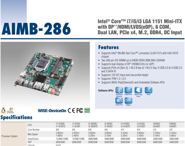 研華AIMB-286 Intel? 第8/9代 Core? i 系列處理器，搭載Intel H310芯片組。超薄設計，結構緊湊。