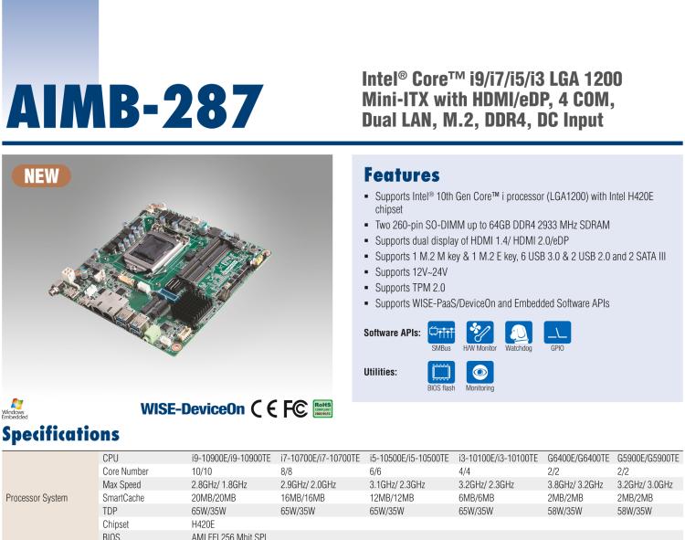 研華AIMB-287 適配Intel? 第10代 Core? i 系列處理器，搭載H420E芯片組。超薄設(shè)計，性能強(qiáng)勁。