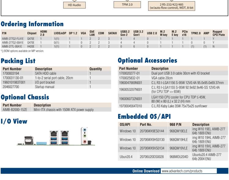 研華AIMB-277 適配Intel? 第10代 Core? i 系列處理器，搭載Q470E芯片組。性能強(qiáng)勁，適用于高端應(yīng)用領(lǐng)域。