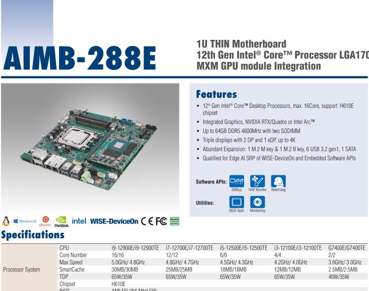 研華AIMB-288E 板載Intel 第12代 Core i 桌面級CPU。橫向顯卡插槽，搭配NVIDIA Quadro T1000 MXM顯卡。超薄散熱設(shè)計，高性能選擇方案。