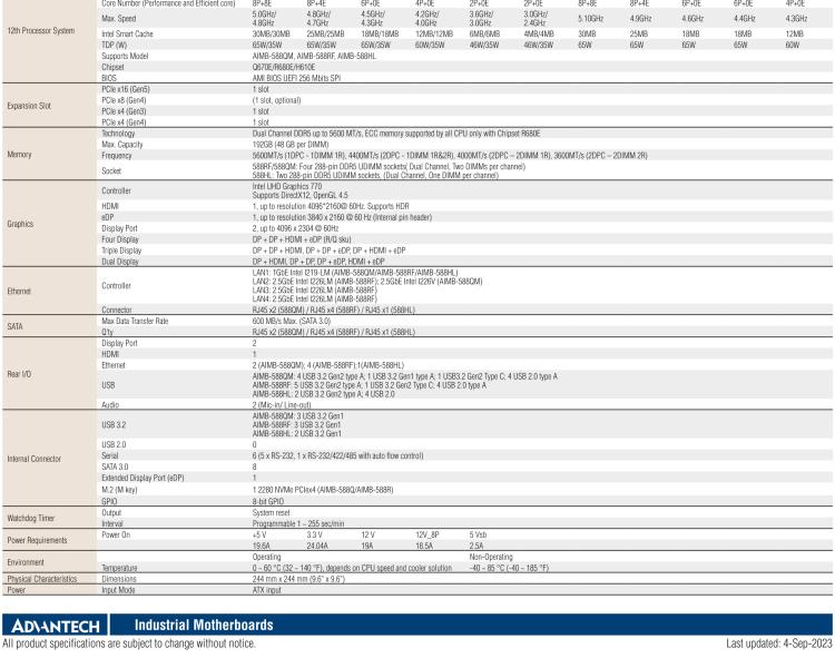 研華AIMB-588B1 適配Intel 第12/13代 Core i/奔騰系列處理器，搭載Q670E/R680E/H610E芯片組。性能可達(dá)服務(wù)器級(jí)別，獨(dú)立四顯，具備專業(yè)的圖像處理能力，是理想的行業(yè)解決方案。