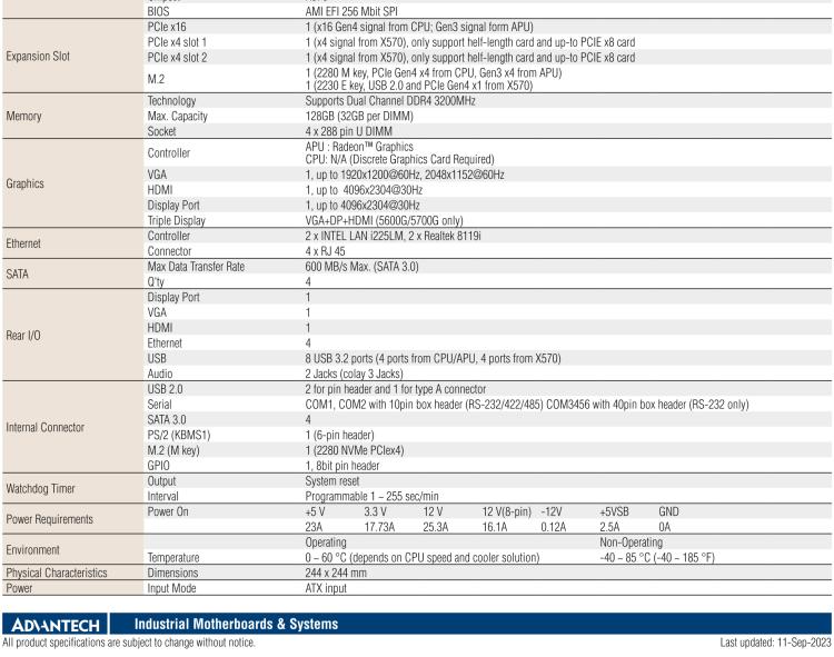 研華AIMB-522 適配AMD Ryzen? AM4 5000系列處理器，搭載X570芯片組。具有豐富接口，雙千兆網(wǎng)口和雙2.5GbE網(wǎng)口設(shè)計(jì)，用于自動化和人工智能圖像處理等高端行業(yè)。