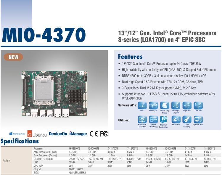 研華MIO-4370 基于第12代Intel Core處理器（Alder Lake-S系列，LGA1700 socket CPU）， 4" EPIC 單板電腦
