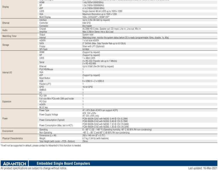 研華PCM-9563 英特爾第六代Atom?奔騰?/賽揚(yáng)?/ Atom?處理器N4000，N3000系列，帶VGA / LVDS / HDMI的EBX/5.25寸主板，3 GbE，8 USB，1 SATA，音頻，1個(gè)miniPCIe，1 M.2 E kay，1 m.SATA，6個(gè)COM