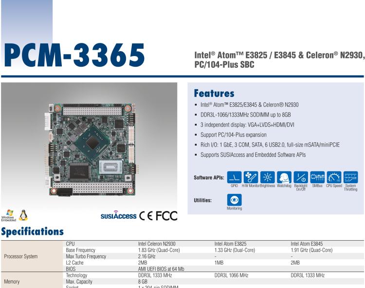 研華PCM-3365 英特爾第四代凌動(dòng)?Atom?E3825 / E3845＆賽揚(yáng)?N2930，PC / 104-Plus嵌入式主板，ISA，VGA，HDMI / DVI，LVDS，6 USB，mSATA或板載SSD