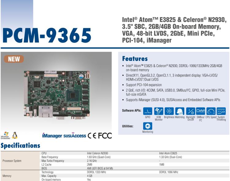 研華PCM-9365 第四代ATOM PCI-104 3.5寸主板, 搭載E3825，N2930 CPU，2GB/4GB內(nèi)存在板，VGA, 18/24-bit LVDS, 2GbE, Mini PCIe, PCI-104, iManager