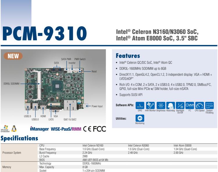 研華PCM-9310 英特爾第五代Atom?賽揚N3160 / N3060 SoC，Intel?Atom E8000 SoC，3.5寸單板電腦，DDR3L，VGA，HDMI，48位LVDS，2GbE，Mini PCIe，mSATA，SUSI API