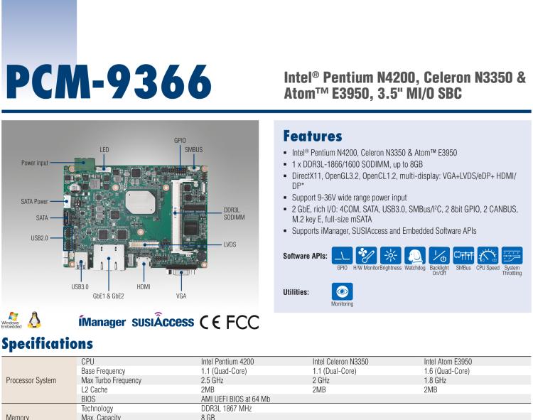 研華PCM-9366 Intel 第六代Atom?奔騰N4200賽揚(yáng)N3350，3.5寸單板電腦