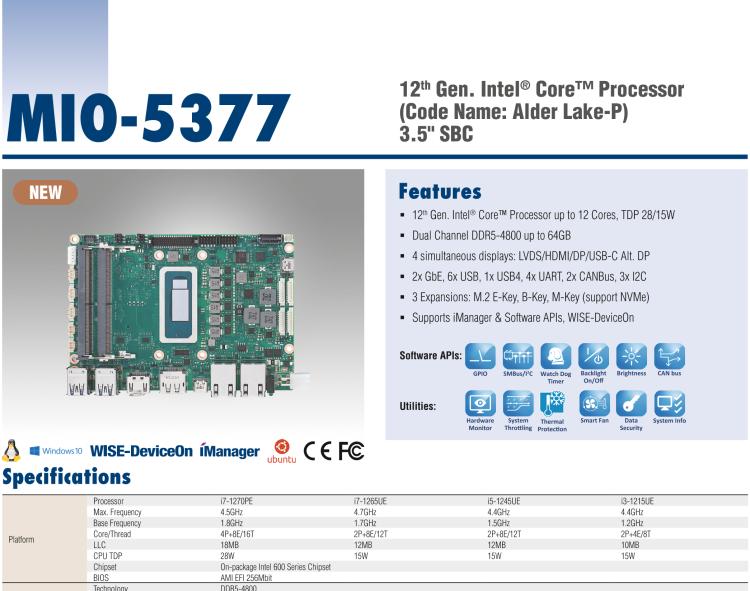 研華MIO-5377 第12代 Intel Core i7/ i5/ i3 P系列，3.5"單板電腦， 高達(dá)12 核心，TDP 28/15W