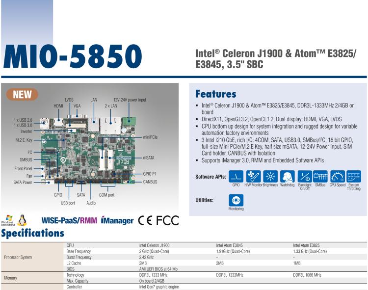 研華MIO-5850 Intel賽揚J1900和Atom?E3825 / E3845,3.5“MI / O-Compact SBC，板載DDR3L，3GbE，iManager 3.0,16位GPIO，CANBUS，板載eMMC，12V / 24V電源輸入