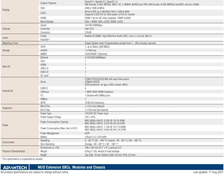 研華MIO-5850 Intel賽揚J1900和Atom?E3825 / E3845,3.5“MI / O-Compact SBC，板載DDR3L，3GbE，iManager 3.0,16位GPIO，CANBUS，板載eMMC，12V / 24V電源輸入