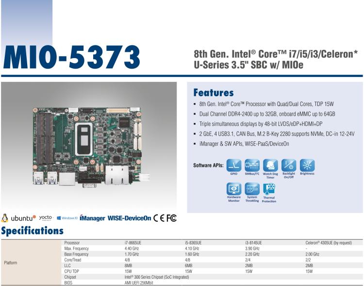 研華MIO-5373 第八代 Intel 低功耗高性能 超極本CPU 3.5寸嵌入式單板，性能提升40%