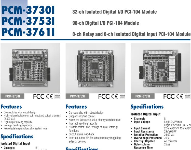 研華PCM-3730I PCI-104，2通,32通道隔離數(shù)字輸入/輸出卡