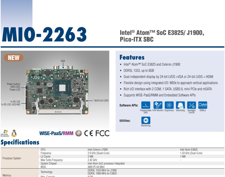 研華MIO-2263 2.5寸Pico-ITX主板，搭載Intel? Atom? SoC E3825/ J1900處理器的2.5寸Pico-ITX單板電腦，采用DDR3L內(nèi)存，支持24-bit LVDS + VGA/HDMI獨(dú)立雙顯，帶有豐富I/O接口：1個(gè)GbE、半長Mini PCIe、4個(gè)USB、2個(gè)COM、SMBus、mSATA & MIOe