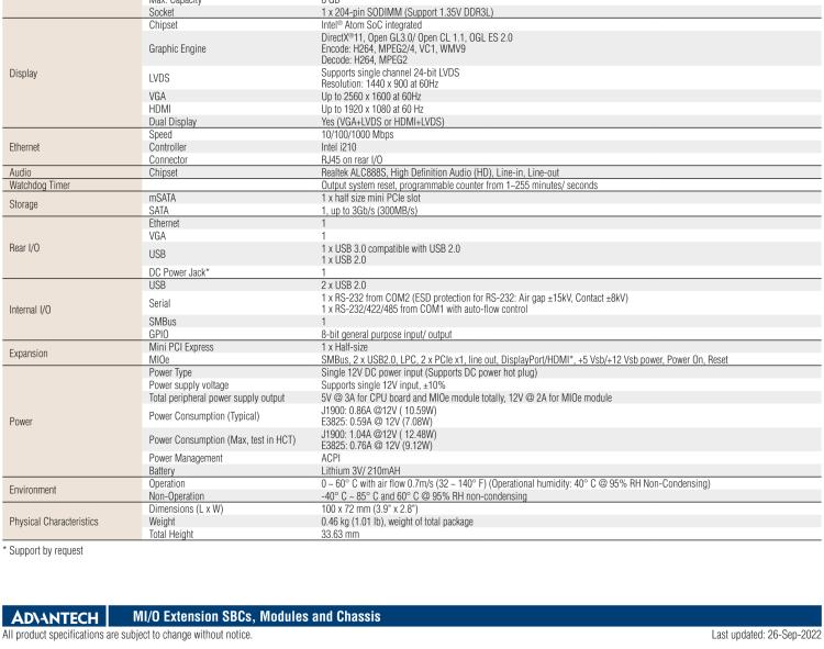 研華MIO-2263 2.5寸Pico-ITX主板，搭載Intel? Atom? SoC E3825/ J1900處理器的2.5寸Pico-ITX單板電腦，采用DDR3L內(nèi)存，支持24-bit LVDS + VGA/HDMI獨(dú)立雙顯，帶有豐富I/O接口：1個(gè)GbE、半長Mini PCIe、4個(gè)USB、2個(gè)COM、SMBus、mSATA & MIOe