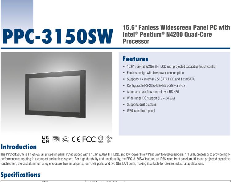 研華PPC-3150SW 15.6" 寬屏無(wú)風(fēng)扇工業(yè)平板電腦，搭載 Intel? Pentium? N4200 四核心處理器