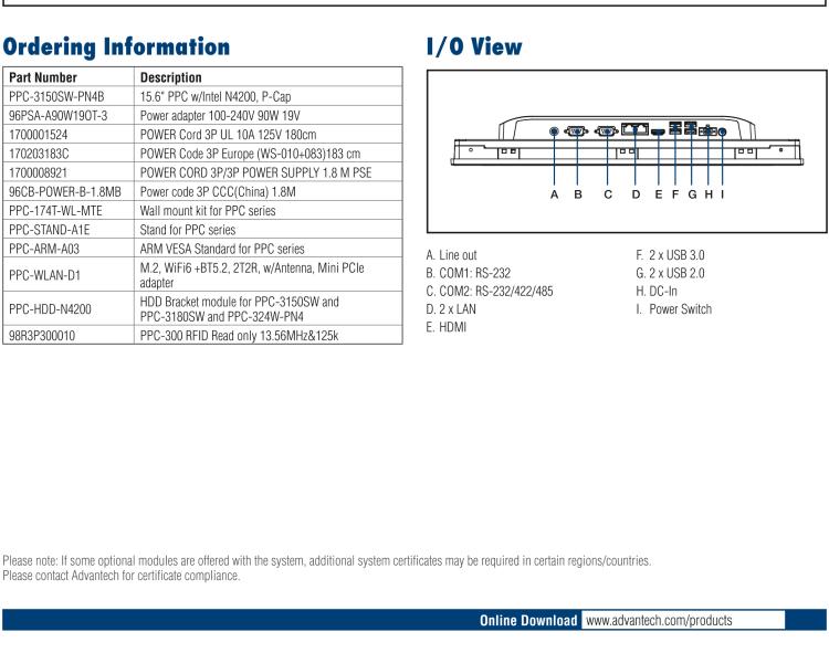 研華PPC-3150SW 15.6" 寬屏無(wú)風(fēng)扇工業(yè)平板電腦，搭載 Intel? Pentium? N4200 四核心處理器