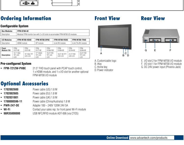 研華FPM-7212W 模組化工業(yè)顯示器，21.5” Full HD/18.5” HD/17” SXGA/15” XGA/12” XGA 液晶顯示器