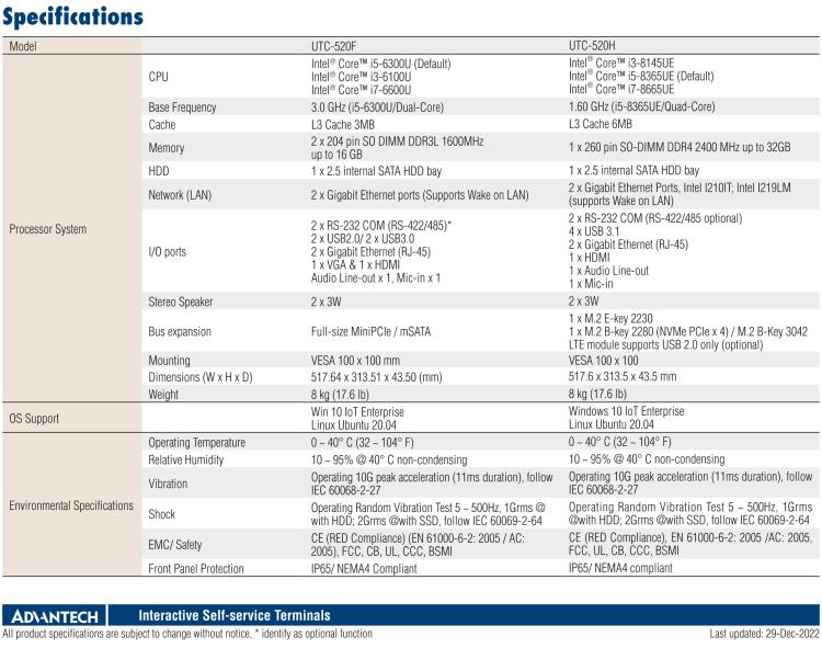 研華UTC-520F 21.5" 多功能觸控一體機，內(nèi)置Intel? Skylake Core? i5-6300U處理器