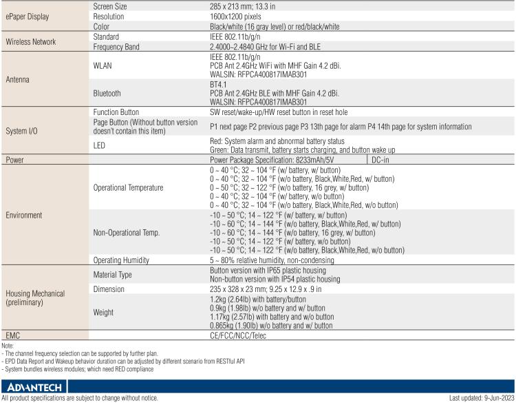 研華EPD-660 13.3"電子紙解決方案，Wi-Fi，用于醫(yī)院床邊卡和智能建筑標(biāo)牌。