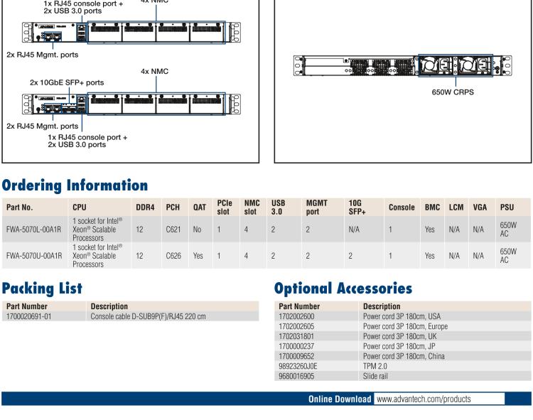 研華FWA-5070 基于Intel?Xeon?處理器可擴展系列1U機架式網(wǎng)絡(luò)應(yīng)用平臺，最高支持4個NMC插槽