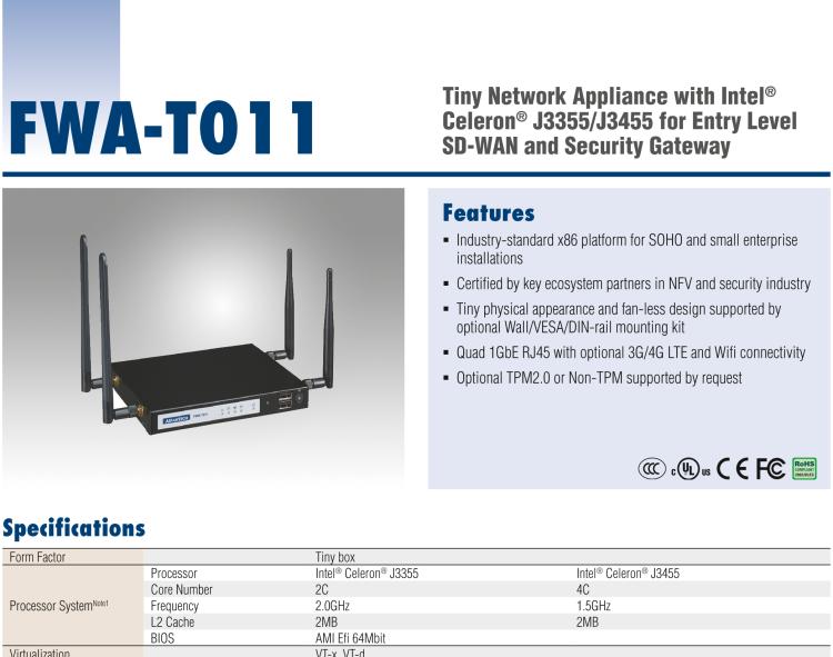 研華FWA-T011 基于Intel? Celeron? N3350/J3455 入門級SD-WAN，安全網(wǎng)關(guān)微型網(wǎng)絡(luò)應(yīng)用平臺