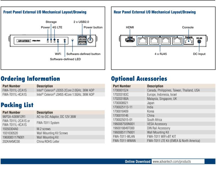 研華FWA-T011 基于Intel? Celeron? N3350/J3455 入門級SD-WAN，安全網(wǎng)關(guān)微型網(wǎng)絡(luò)應(yīng)用平臺