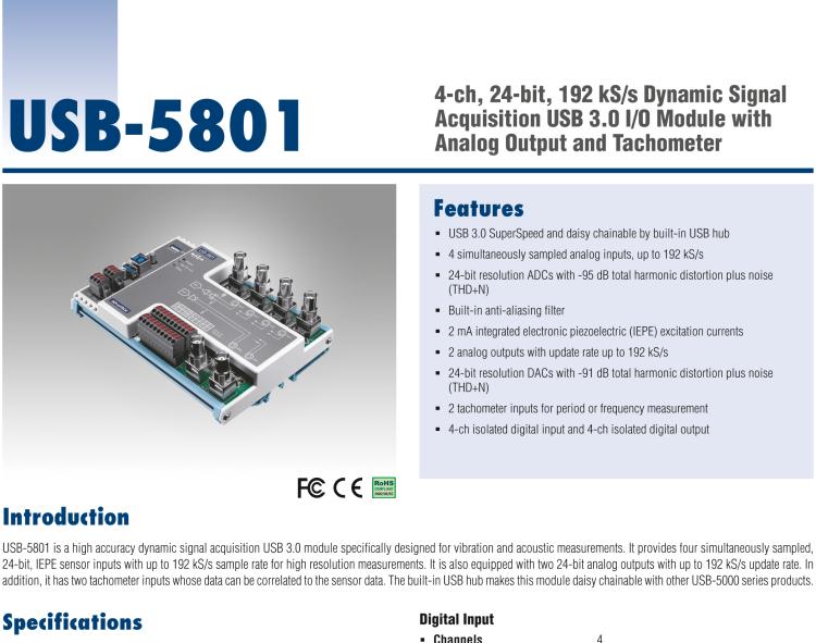 研華USB-5801 4路，24位，192 kS / s的動態(tài)信號采集USB 3.0 I / O模塊使用模擬輸出和轉(zhuǎn)速計(jì)