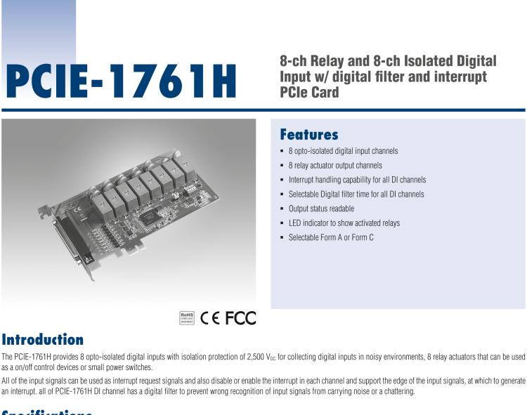 研華PCIE-1761H 8通道繼電器和8通道隔離式數(shù)字輸入，帶數(shù)字濾波器和中斷PCIe卡