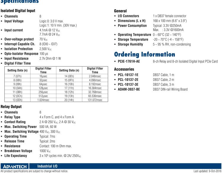 研華PCIE-1761H 8通道繼電器和8通道隔離式數(shù)字輸入，帶數(shù)字濾波器和中斷PCIe卡