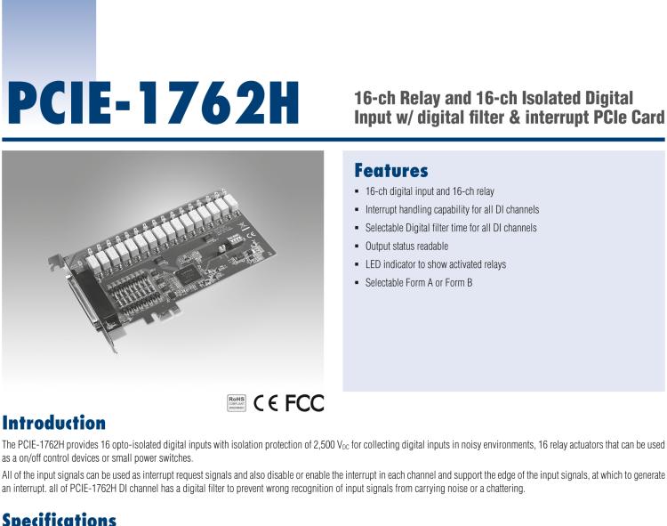 研華PCIE-1762H 16 通道繼電器和 16 通道隔離數(shù)字輸入，帶數(shù)字濾波器和中斷 PCIe 卡