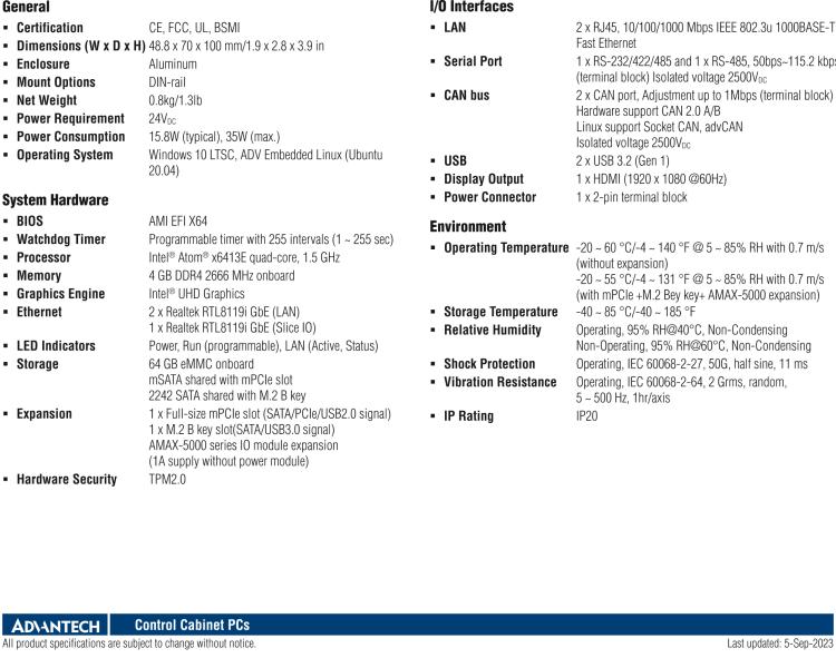 研華AMAX-5570 超微型控制平臺，采用Intel Atom處理器、64GB eMMC、2 個以太網(wǎng)口、2 個 USB、2 個 CAN、2 個 COM 和插片 IO 擴展