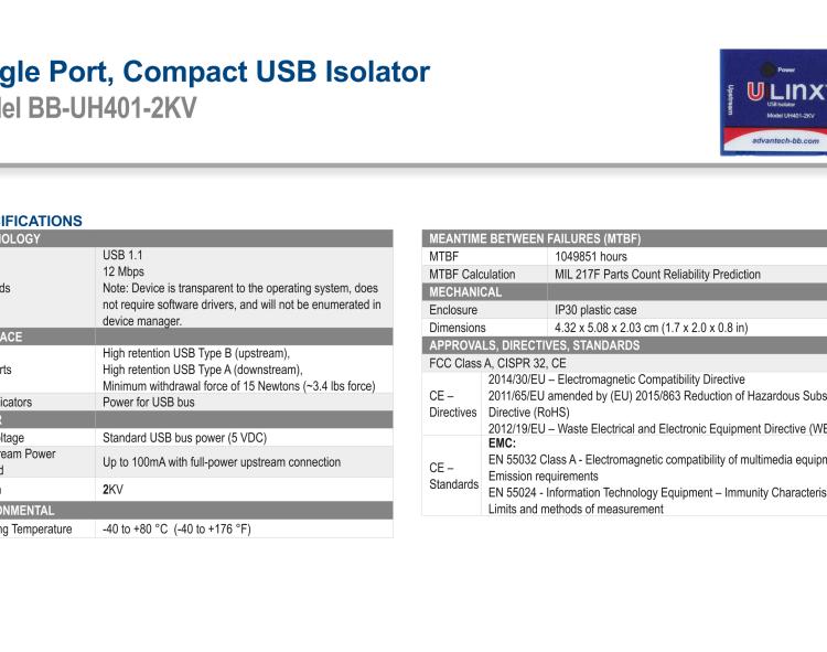 研華BB-UH401-2KV USB 2.0 2 kV隔離器，1端口，12 Mbps全速