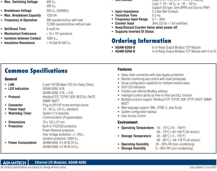 研華ADAM-6266 支持Modbus TCP的4路繼電器輸出模塊，帶4路DI